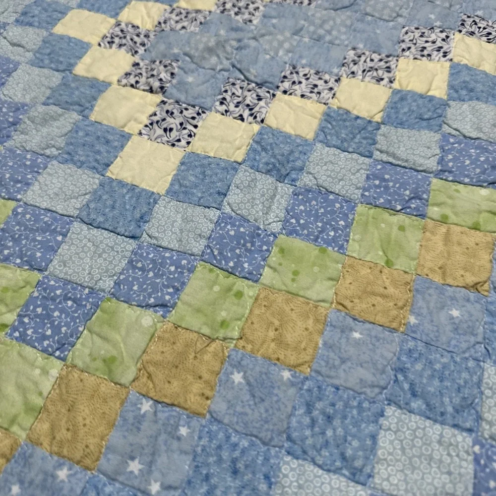 Vintage Handmade Baby /Child Quilt Blues Greens Floral Small Diamonds 60